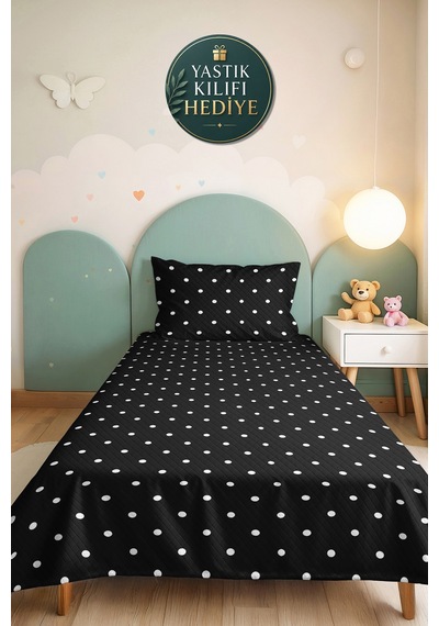 Siyah Puantiyeli Minimal Tek Kişilik Pike Takımı-beyaz Geometrik 160x220 Cm Kapitone Yatak Örtüsü Mavi