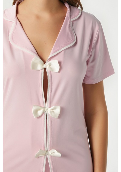 Ritnice Kadın Violet Pembe Şortlu Fiyonklu Alt Üst Pijama Takımı