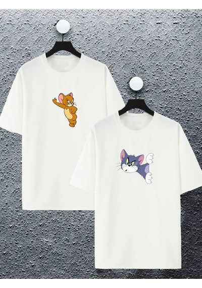 Unisex Kadın Erkek Sinirli Tom Ve Jerry Baskılı Sevgili Çift Kombini Tasarım Oversize Tshirt 2'li St Beyaz1 Mck2125 Beyaz