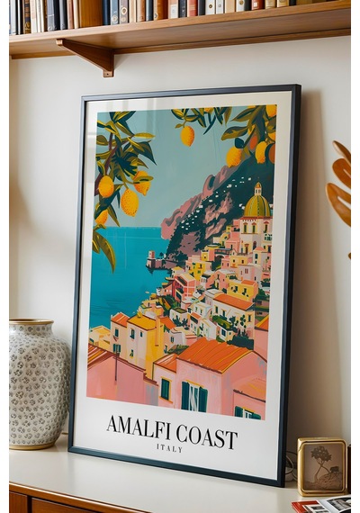 Amalfi Coast Italy Vintage Seyahat Posteri Çerçeveli Tablo - Premium Akdeniz Temalı Duvar Dekoru Siyah