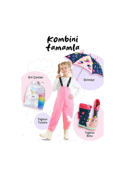 Kız Çocuk Unicorn Desenli Pembe Su Geçirmez Ayarlanabilir Askılı Yağmur Tulumu 3-8 Yaş