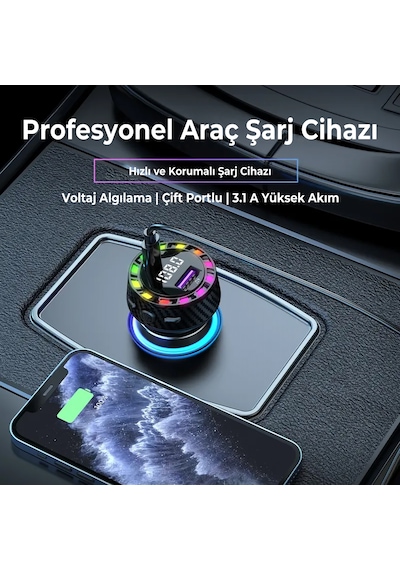 Rgb Işıklı 5.3 Bluetoothlu 30w Usb Type C Hızlı Şarjlı Araç Kiti - Mp3 Çalar, Eller Serbest Modlu