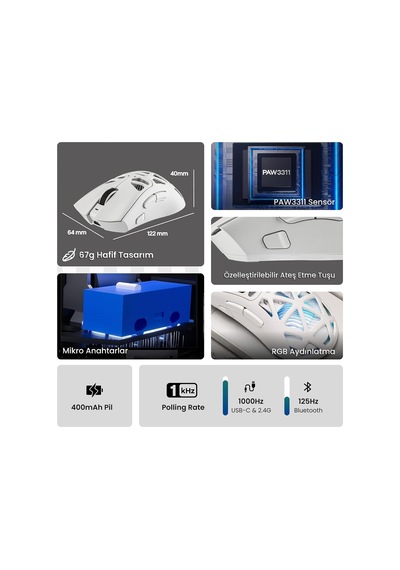 Sc620 Paw3311 Sensör 12000 Dpı 1000hz Kablolu Ve Kablosuz Gaming Oyuncu Mouse Beyaz
