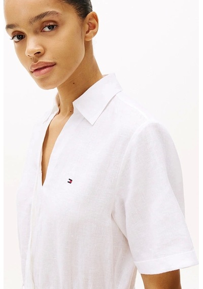 Tommy Hilfiger Kadın Beyaz Saf Keten Mini Gömlek Elbise Beyaz
