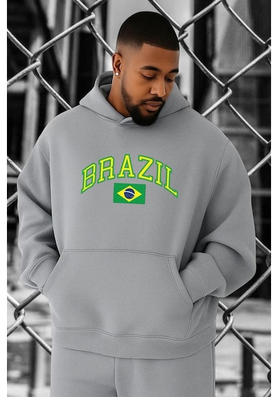 Benroma 3 İplik Penye Brazil Baskılı Büyük Beden Sweatshırt Gri