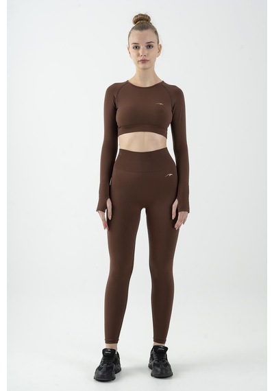 Maraton Active Slimfit Kadın Bisiklet Yaka Uzun Kol Training Sepya Crop Top 816005 Kahverengi