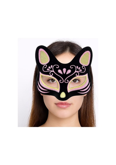 Siyah Renk Süet Kaplama Üzeri Sarı Pembe Simli Kedi Maskesi 17x14 Cm Çok Renkli