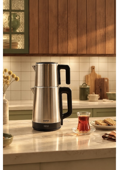 Maestro Paslanmaz Çelik Çay Makinesi 1700w 1 Litre Demlik, 1,7 Litre Su Isıtıcı Gri
