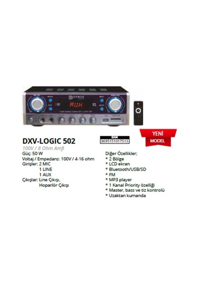 Denox Dxv-Logıc 502 50W 100V/4Ohm 2 Bölgeli Mikser Amfi