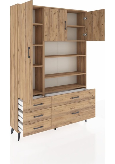 Arges Dolap 9 Raflı 5 Çekmeceli 3 Kapaklı 132x30x195 Çam-çam/çam Atlas Çam/atlas Çam