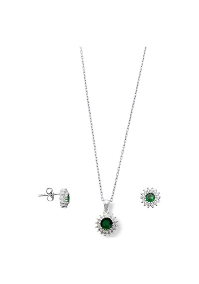 Oya Silver Minimal Klasik Anturaj Modeli Zümrüt Taşlı Gümüş Kolye & Küpe Seti