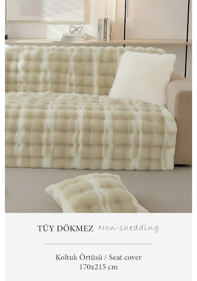Lüks Kürklü Koltuk Örtüsü 170x215 Cm Yumuşak Peluş Kaymaz Taban Kanepe Örtüsü Bej Krem Bej - Krem