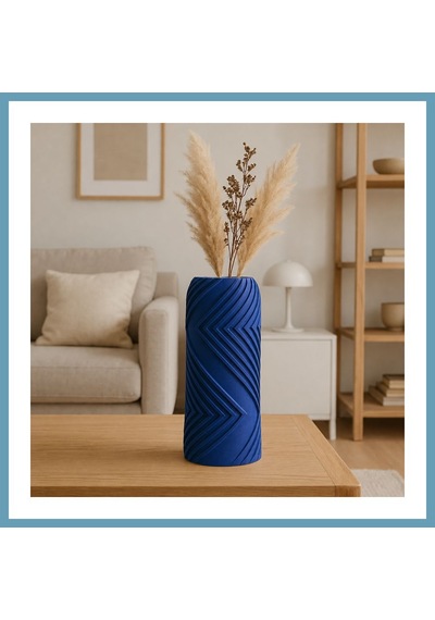 Bezos 3d Baskı Vector Vazo - Geometrik Çizgili Dekoratif Vazo-mavi Mbt06