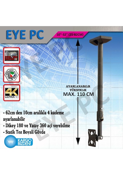 10" 32" İnç 55Cm 82 Cm Tv Tavan Askı Aparatı Metal Kilit Sistemli