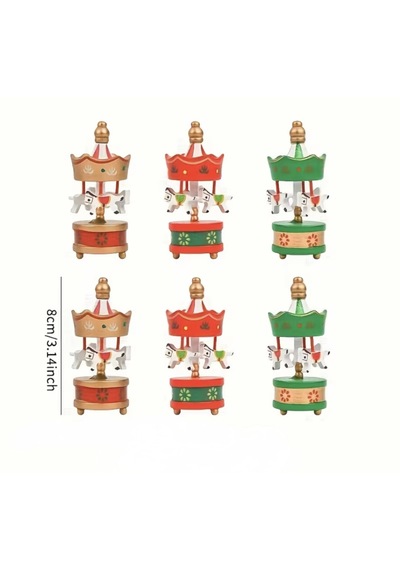6'lı Mini Ahşap Atlıkarınca Yılbaşı Süsü - Nostaljik Carousel Dekor Seti 001
