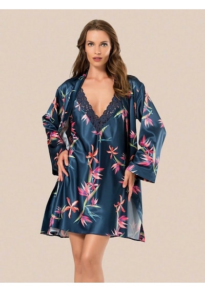 Yeni Sezon Saten Moongirl 2 Li Pijama Sabahlık Gecelik Alt Üst Takım Lacivert