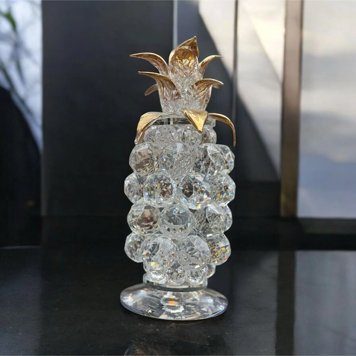 Dekoratif Kristal Cam Tekli Ananas Küçük Boy Şeffaf Gold