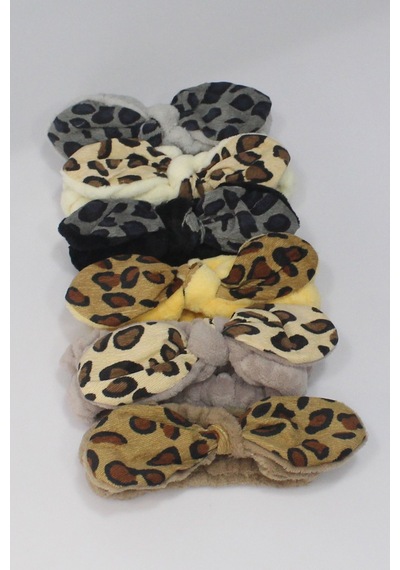 Toyaş Leopar Desenli Peluş Bandana Makyaj Spa Saç Bandı Sarı Çok Renkli
