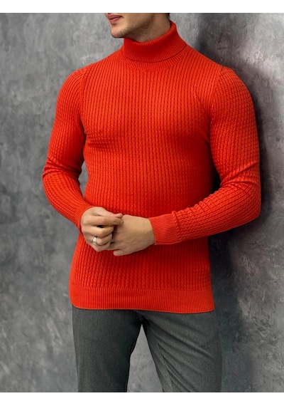 Modefendi Slim Fit İtalyan Kesim Balıksırtı Rengi Tam Boğazlı Kazak Kiremit