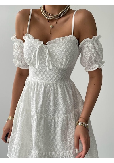 Tua Moda Lucca Kolu Lastikli Mini Elbise Beyaz