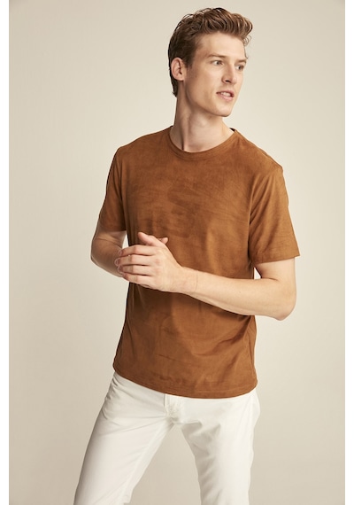 Grimelange ENZO Kahverengi Suet Erkek Basic Slim Fit T-shirt