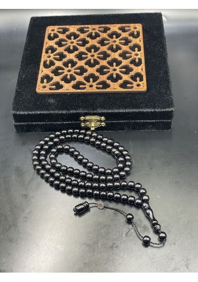 Şükrü Baba İmzalı Sistemli 99'luk Küre Kesim Siyah Sıkma Kehribar Tesbih