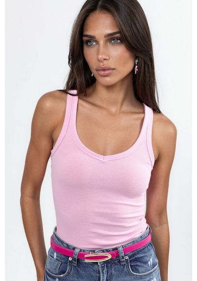 Hiccup Busem V Yaka Ribanalı Tank Top Toz Pembe