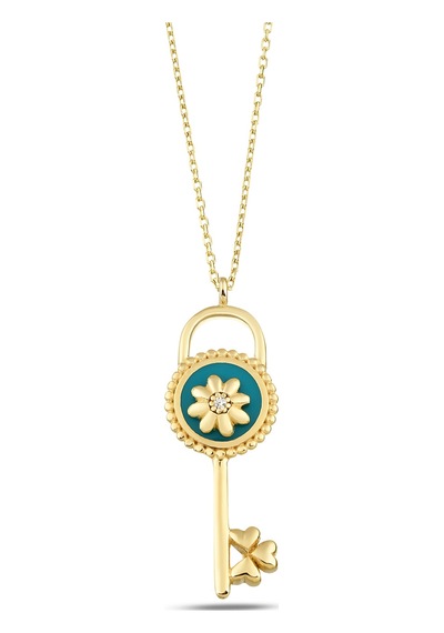 Debora Jewelry 14 Ayar Altın Çiçekli Mineli Kilit Kolye