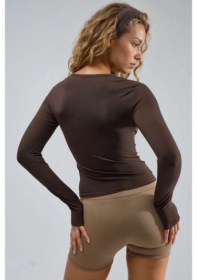 Hiccup Busem Slim Fit Yuvarlak Yaka Uzun Kollu Bluz Kahve Kahvesi