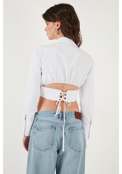 Lela Fitted Fit Pamuklu Korse Detaylı Uzun Kollu Crop Bayan Gömlek 611Go00376 Beyaz