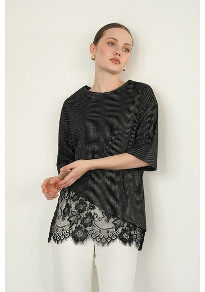 Verymoda D 2985 Dantel Detaylı Çizgili T Shırt D2985 Siyah