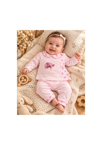 Omeca Concept Kız Bebek Pembe 2'li Takım Bebe Yaka, Çiçek Kanaviçe İşlemeli