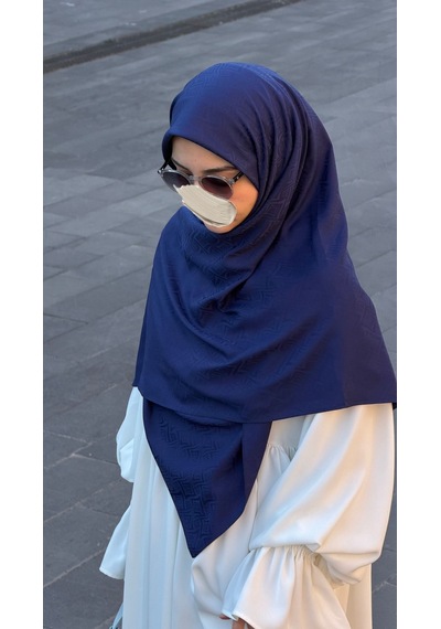 Qalortex Scarf Premium Jakarlı Sare Büyük Boy Eşarp - Lacivert