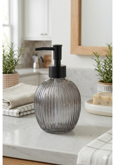 Çizgili Yuvarlak Siyah Pompalı Cam Sıvı Sabunluk - 500ml - 16x10x10 Cm Gri