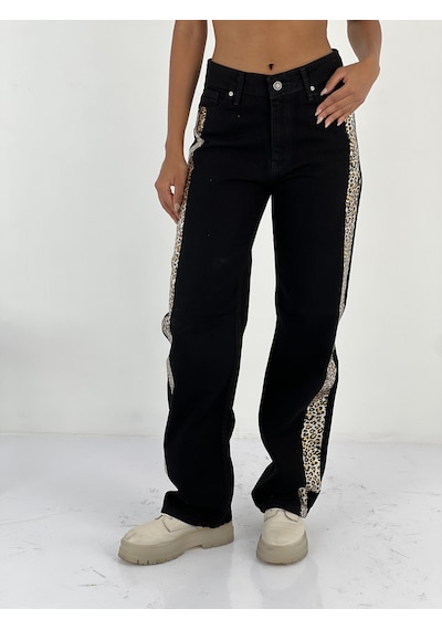 Miss Poem Kadın Yanları Leopar Desenli Denim Siyah Kot Pantolon Siyah