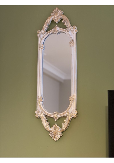 Kısa Oval Dekoratif Duvar Aynası Beyaz & Altın Yaldızlı 60x20 Cm Naturel