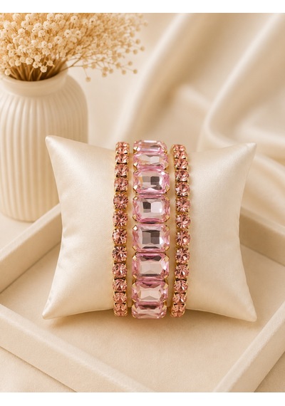 Valmont Accessories Kadın Altın Renk Pembe Taşlı Üçlü Bileklik Seti