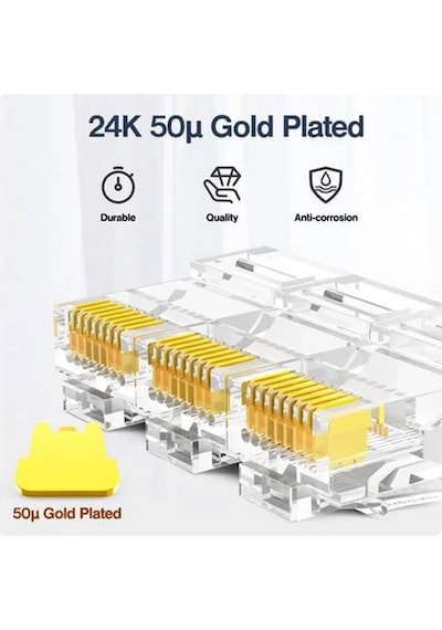 Koodmax - 100 Adet - 50u" Gold Plated Cat6 Rj45 Konnektör - 8p8c Ethernet Kablo Ucu Modüler Fiş Jak