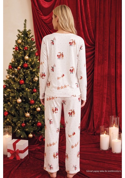 Siyah İnci Ekru Yılbaşı Temalı Desenli Termal Kumaşlı Ultra Soft Yumuşak Örme Pijama Takımı 26226923