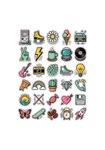 30 Adet Canlı Retro 90'lar İkonları Sticker Seti - Laptop Defter Ajanda İçin Çok Renkli