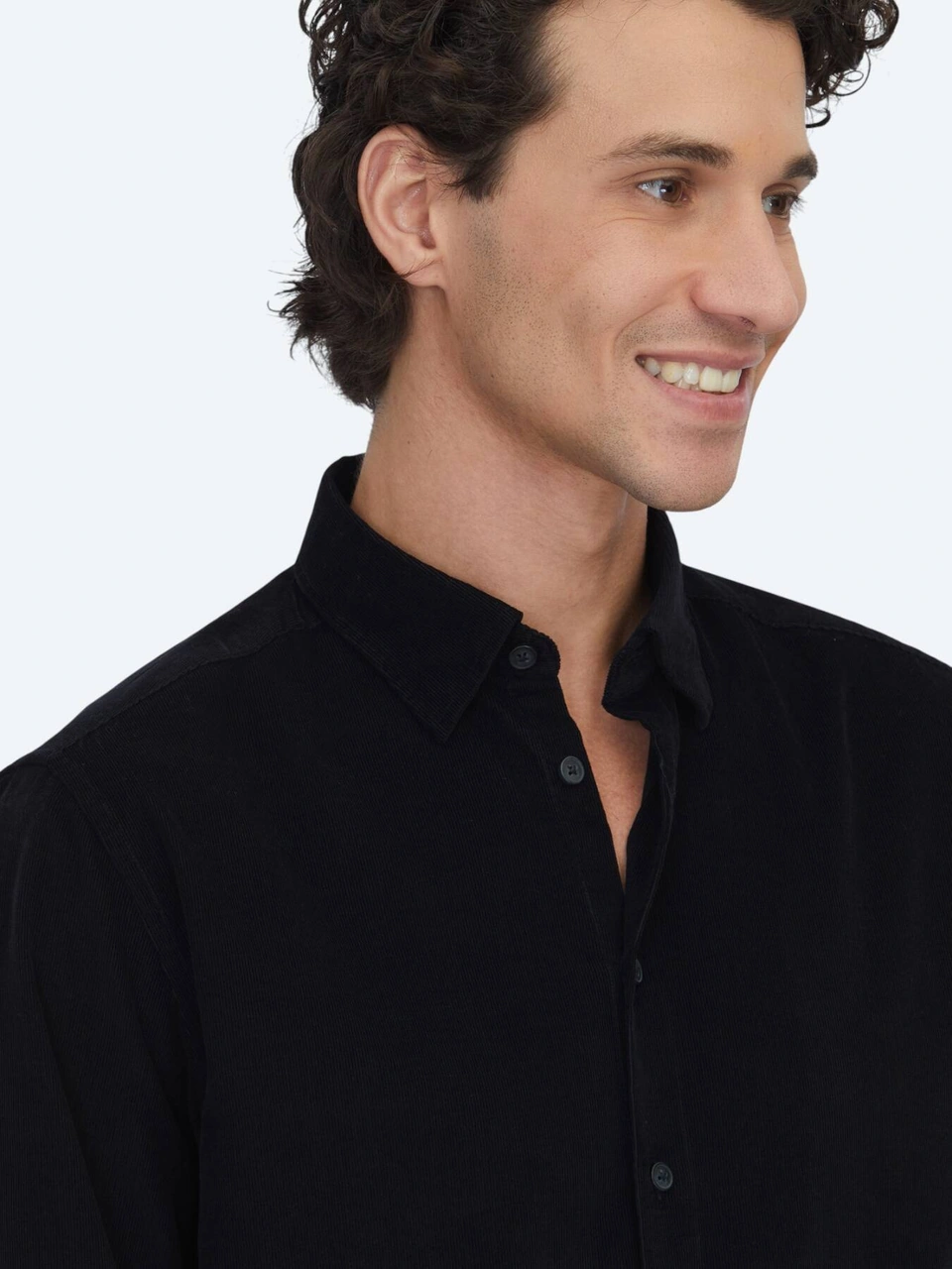 Kip Siyah Çizgili Regular Fit Dokuma Kadife Casual %100 Pamuk Gömlek Siyah