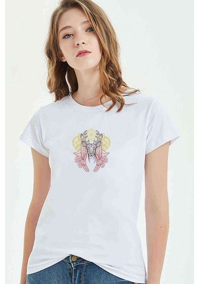 Mandala Geyik Baskılı Beyaz Kadın Tshirt