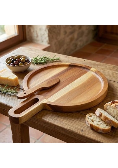 Doğal Akasya Yuvarlak Peynir Sunum Tahtası Ve Bıçak Seti 19 Cm Ahşap Servis Tepsisi, Yanında Özel Peynir Bıçağı İle 2 Parça Mini Set Açık Gri