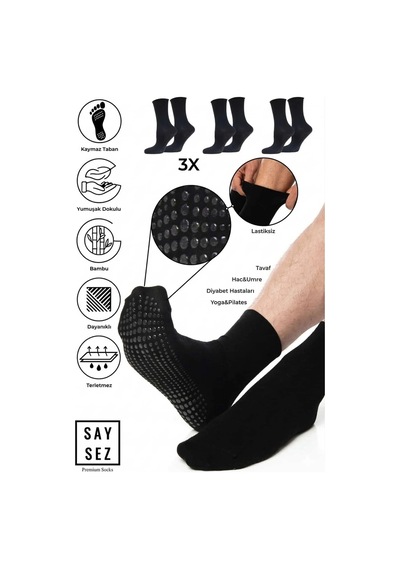 Saysez Erkek Bambu Kaydırmaz Taban Silikon Baskı Hac Umre Tavaf Pilates Yoga Lastiksiz Çorap 3'lü Siyah