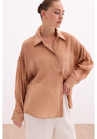 Sateen Düğme Aksesuarlı İnce Gömlek - Camel-136085 CAMEL