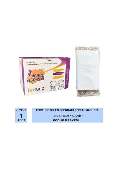 Kuteks Fortune 3 Katlı Cerrahi Çocuk Maskesi Beyaz 10lu 5 Paket 50 Adet
