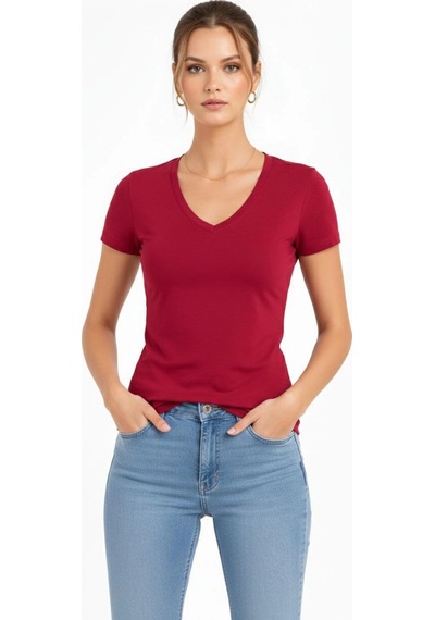 Wear Vexel Kadın T-shirt V Yaka Slim Fit Likralı Tişört Yazlık Basic Body - Kırmızı Bordo