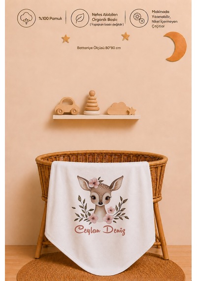 Kız Bebek Hediyesi İsme Özel 80x80 Cm Çift Kat Penye Bebek Battaniyesi %100 Pamuk Ham Bez Kıyafet Keseli 1040bk0x Ekru