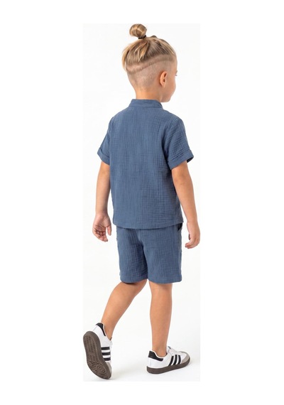 Mnk Baby & Kids Pamuklu Müslin Kumaş Yazlık Şortlu Kısa Kol Rahat Takım M00820 Indigo