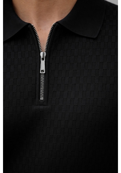 Erkek Fermuarlı Polo Yaka Triko Tişört Slim Fit Dokulu Yazlık Şık Casual Siyah